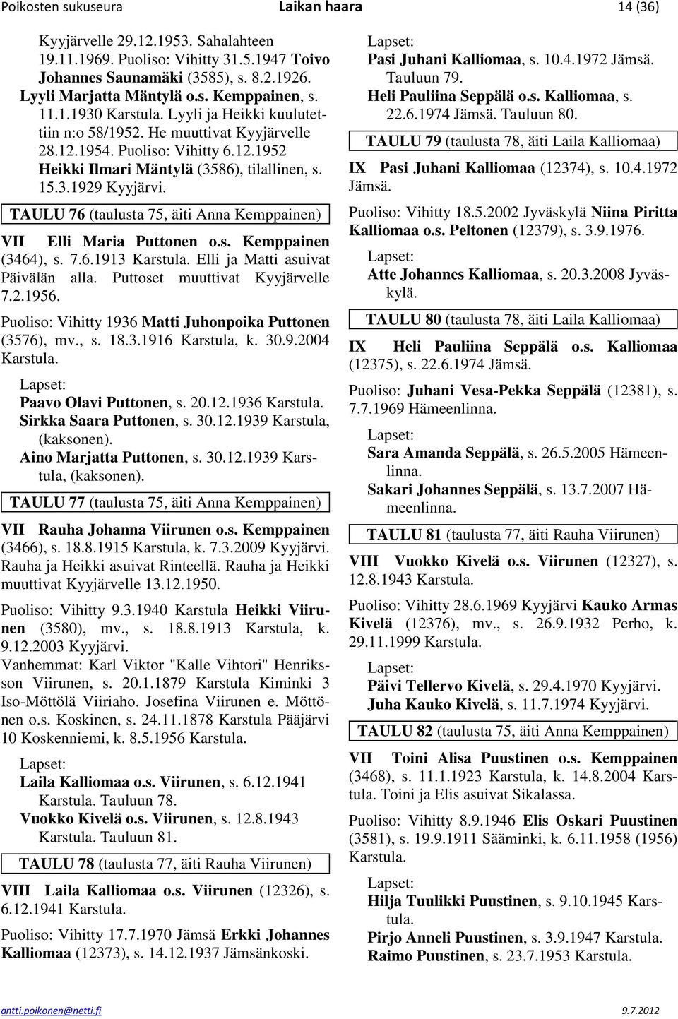 TAULU 76 (taulusta 75, äiti Anna Kemppainen) VII Elli Maria Puttonen o.s. Kemppainen (3464), s. 7.6.1913 Elli ja Matti asuivat Päivälän alla. Puttoset muuttivat Kyyjärvelle 7.2.1956.