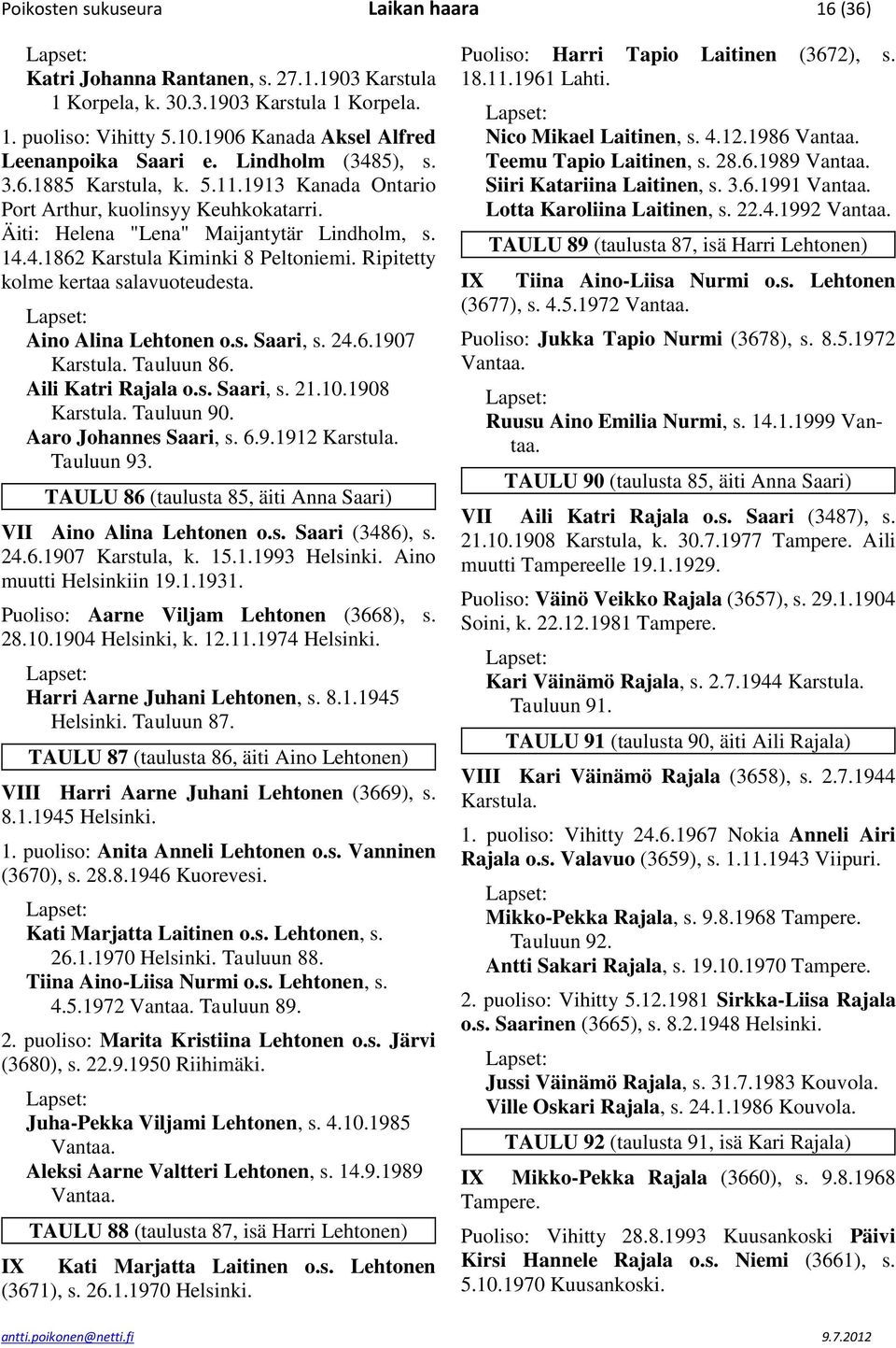 4.1862 Karstula Kiminki 8 Peltoniemi. Ripitetty kolme kertaa salavuoteudesta. Aino Alina Lehtonen o.s. Saari, s. 24.6.1907 Tauluun 86. Aili Katri Rajala o.s. Saari, s. 21.10.1908 Tauluun 90.