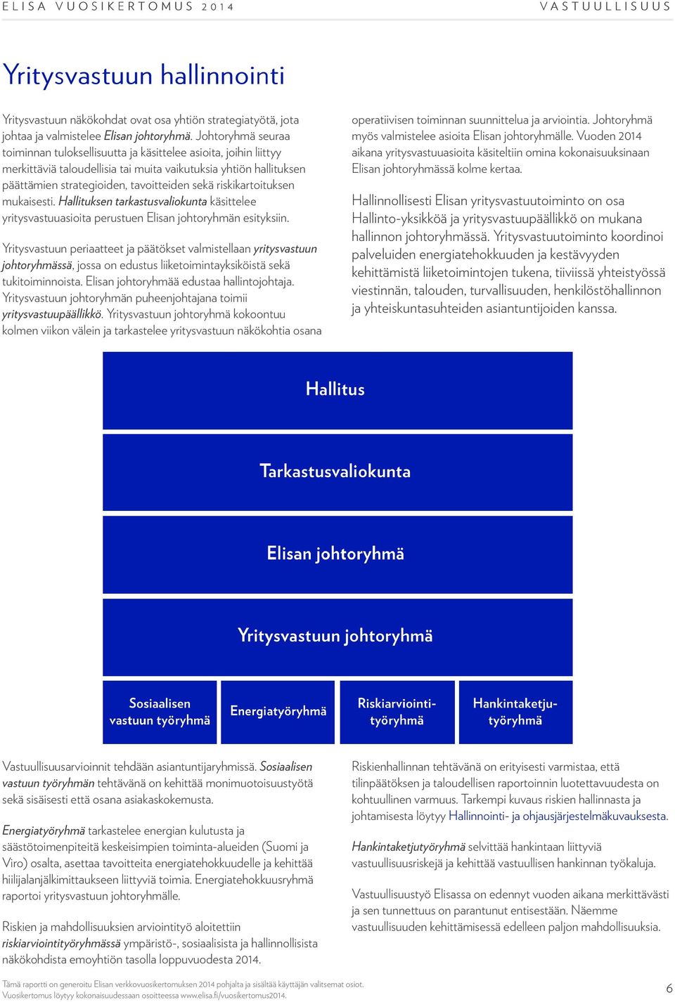 riskikartoituksen mukaisesti. Hallituksen tarkastusvaliokunta käsittelee yritysvastuuasioita perustuen Elisan johtoryhmän esityksiin.