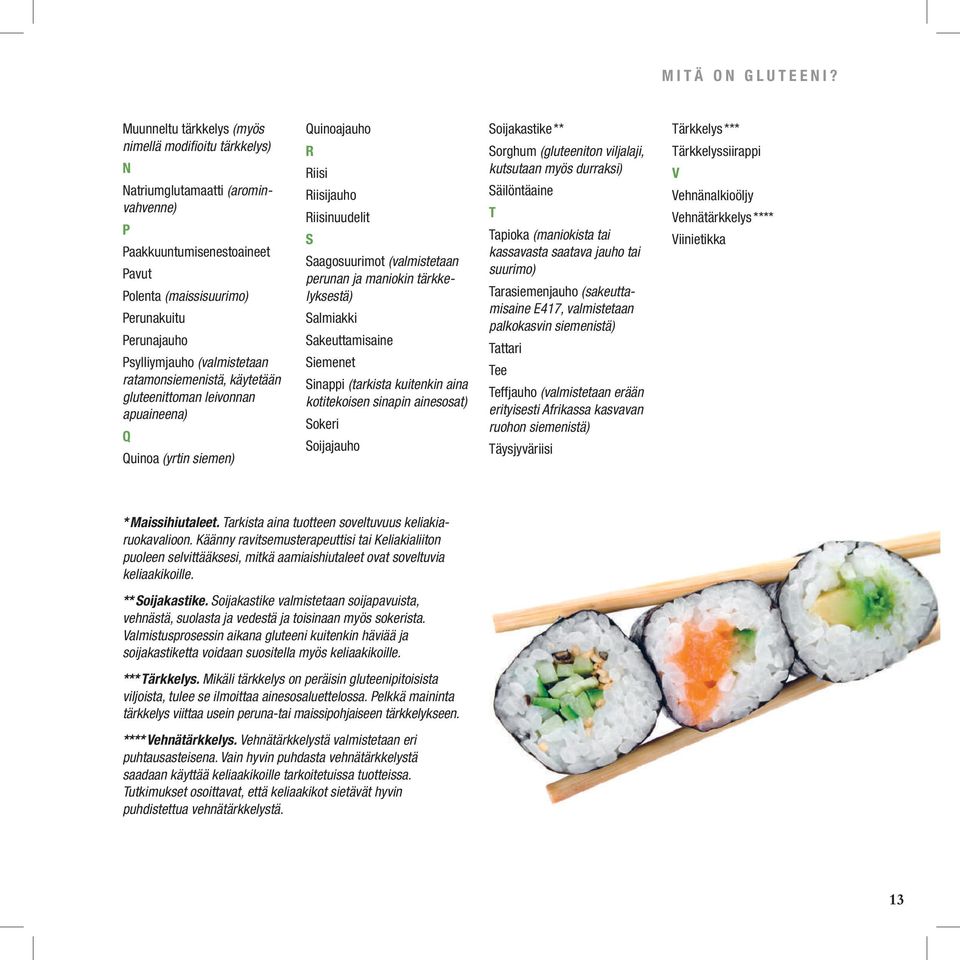 (valmistetaan ratamonsiemenistä, käytetään gluteenittoman leivonnan apuaineena) Q Quinoa (yrtin siemen) Quinoajauho R Riisi Riisijauho Riisinuudelit S Saagosuurimot (valmistetaan perunan ja maniokin