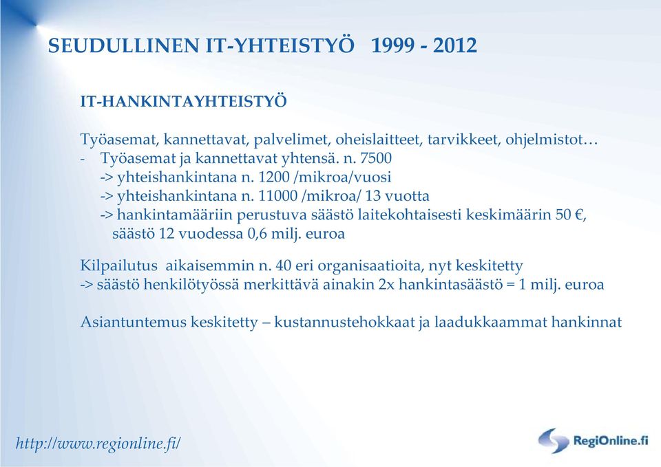 11000 /mikroa/ 13 vuotta > hankintamääriin perustuva säästö laitekohtaisesti keskimäärin 50, säästö 12 vuodessa 0,6 milj.