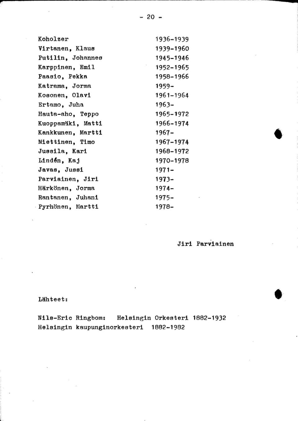 Timo 1967-1974 Jussila, Kari 1968-1972 Lindén, Kaj 1970-1978 Javas, Jussi 1971- Parviainen, Jiri 1973- Härkönen, Jorma 1974- Rantanen,