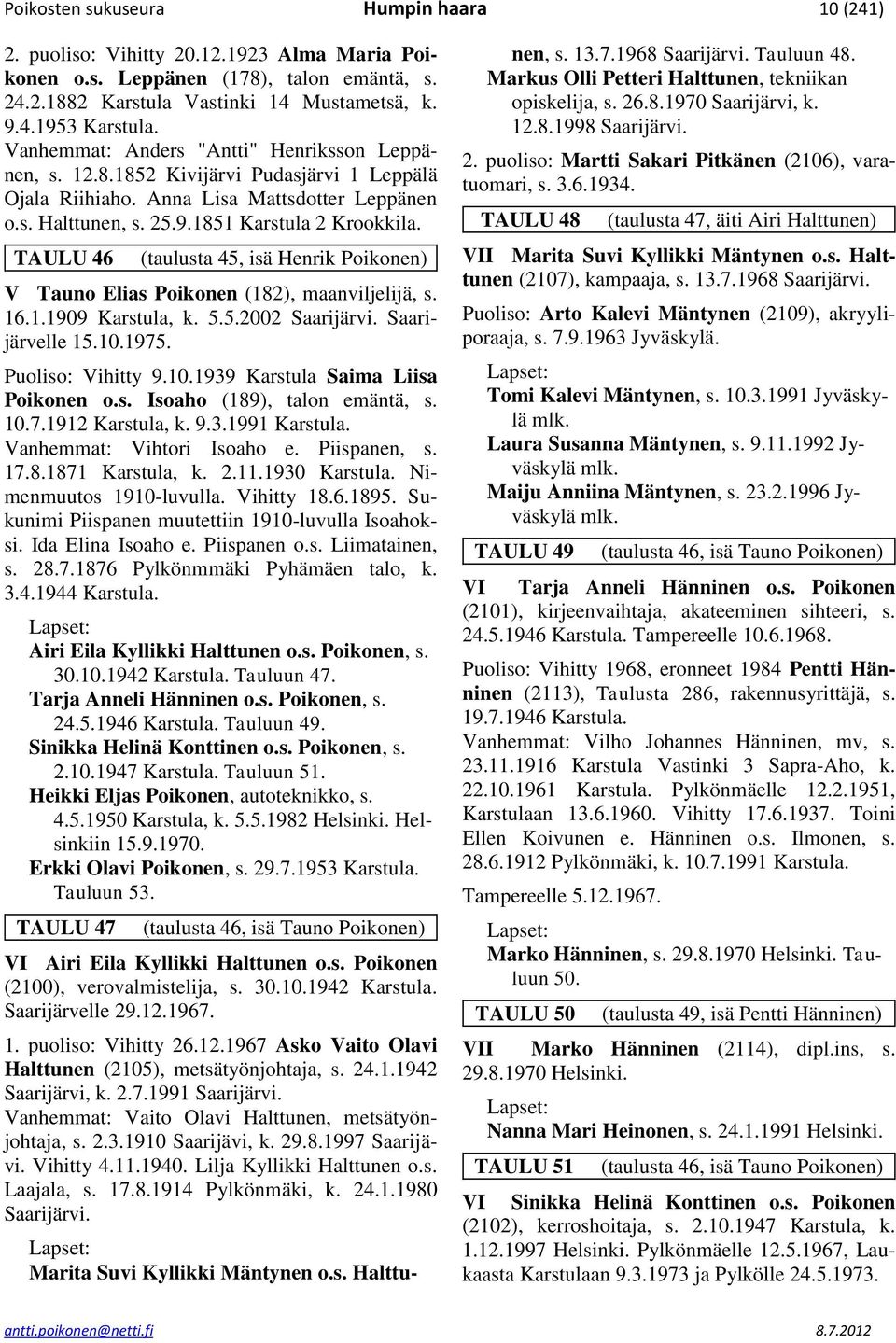 TAULU 46 (taulusta 45, isä Henrik Poikonen) V Tauno Elias Poikonen (182), maanviljelijä, s. 16.1.1909 Karstula, k. 5.5.2002 Saarijärvi. Saarijärvelle 15.10.1975. Puoliso: Vihitty 9.10.1939 Karstula Saima Liisa Poikonen o.