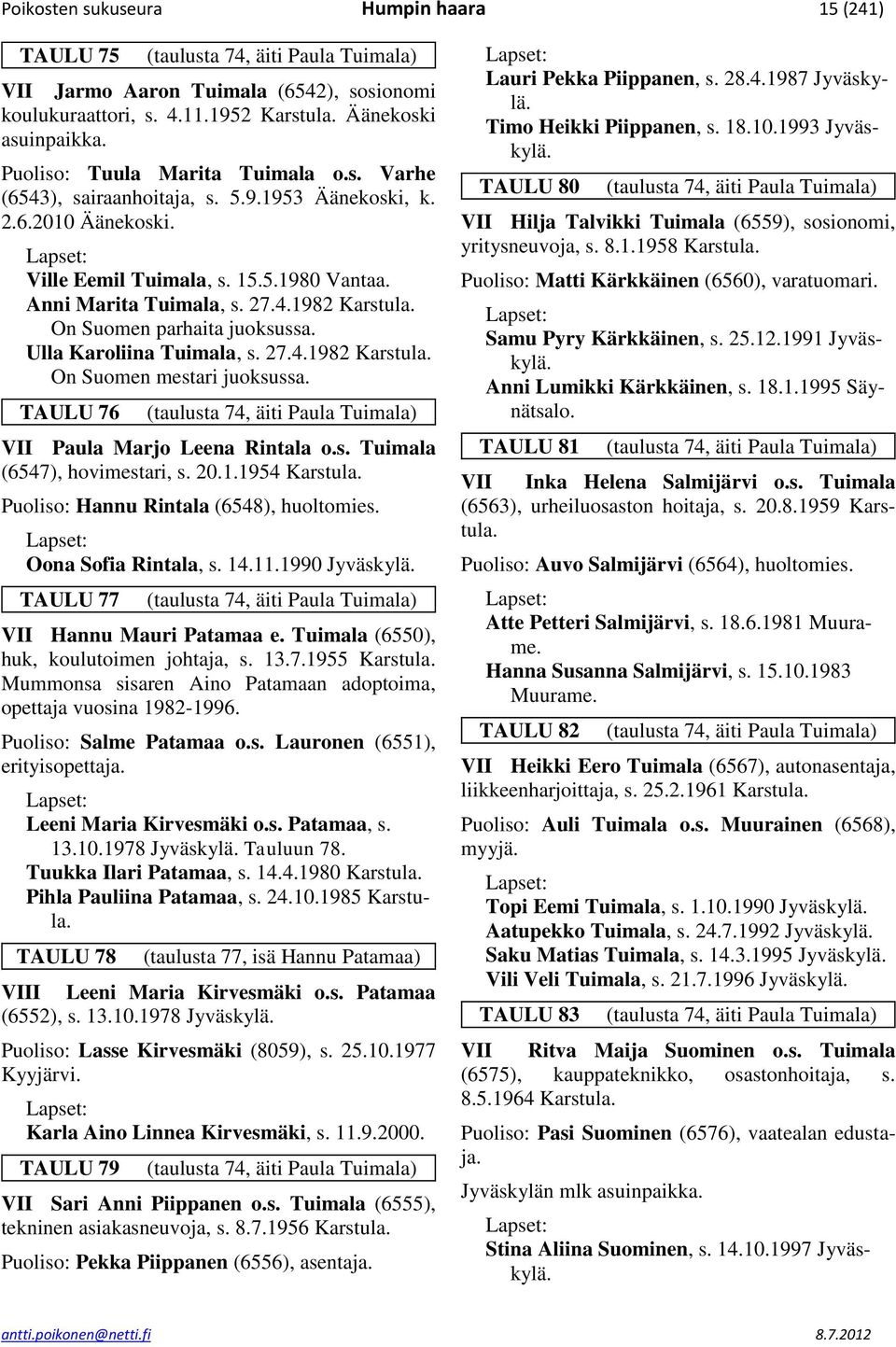 On Suomen parhaita juoksussa. Ulla Karoliina Tuimala, s. 27.4.1982 Karstula. On Suomen mestari juoksussa. TAULU 76 (taulusta 74, äiti Paula Tuimala) VII Paula Marjo Leena Rintala o.s. Tuimala (6547), hovimestari, s.