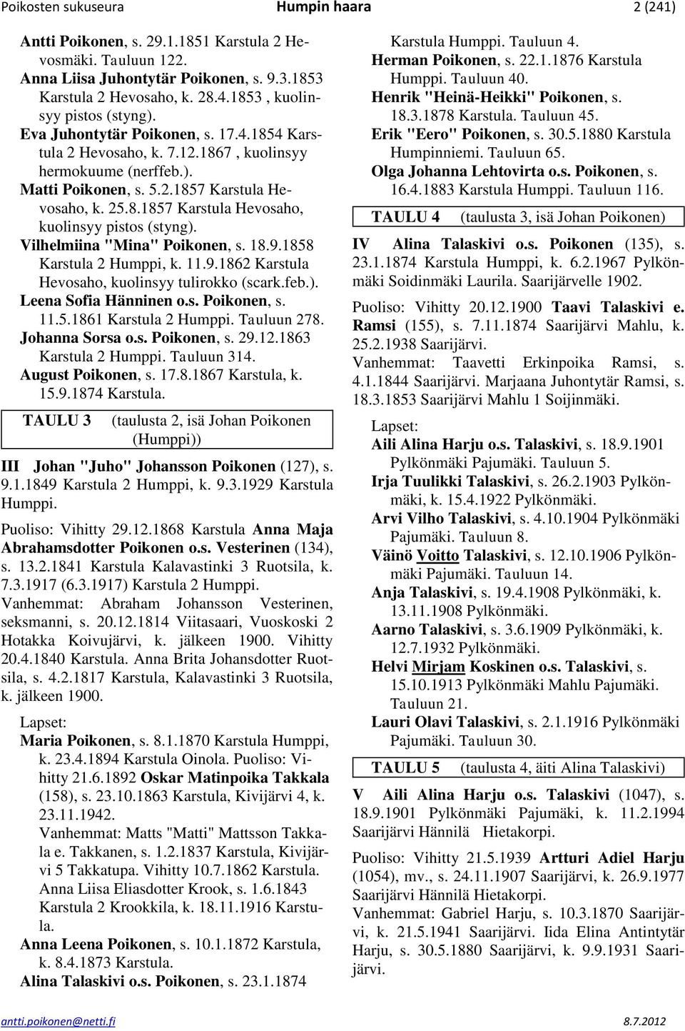 Vilhelmiina "Mina" Poikonen, s. 18.9.1858 Karstula 2 Humppi, k. 11.9.1862 Karstula Hevosaho, kuolinsyy tulirokko (scark.feb.). Leena Sofia Hänninen o.s. Poikonen, s. 11.5.1861 Karstula 2 Humppi.