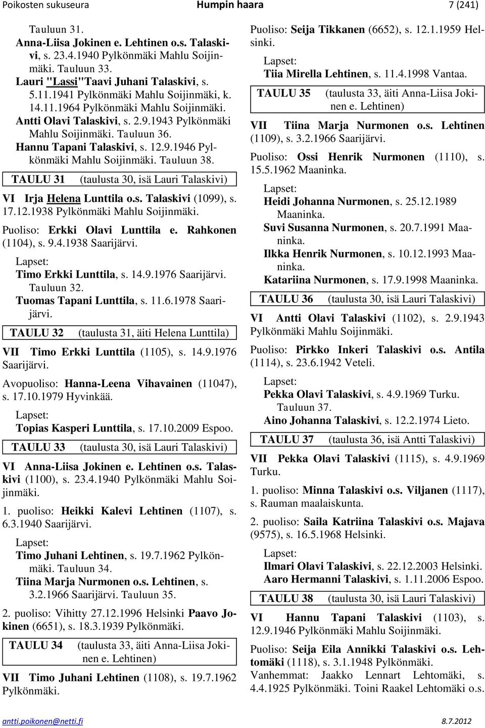 Tauluun 38. TAULU 31 (taulusta 30, isä Lauri Talaskivi) VI Irja Helena Lunttila o.s. Talaskivi (1099), s. 17.12.1938 Pylkönmäki Mahlu Soijinmäki. Puoliso: Erkki Olavi Lunttila e. Rahkonen (1104), s.