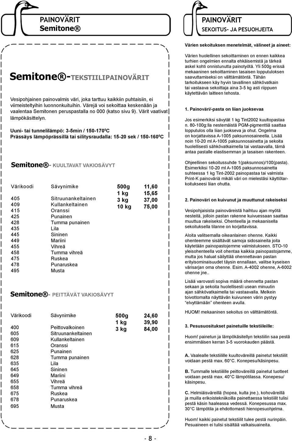 Uuni- tai tunnelilämpö: 3-5min / 150-170 0 C Prässäys lämpöprässillä tai silitysraudalla: 15-20 sek / 150-160 0 C Värien huolellinen sekoittaminen on ennen kaikkea turhien ongelmien ennalta