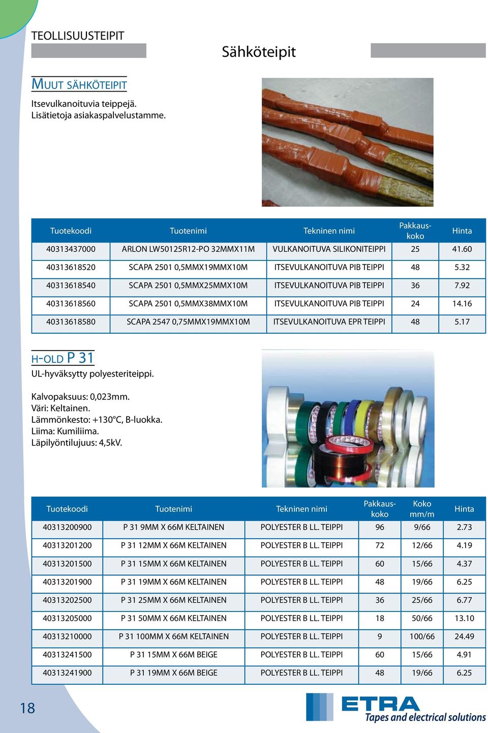 92 40313618560 SCAPA 2501 0,5MMX38MMX10M ITSEVULKANOITUVA PIB TEIPPI 24 14.16 40313618580 SCAPA 2547 0,75MMX19MMX10M ITSEVULKANOITUVA EPR TEIPPI 48 5.17 h-o l d P 31 UL-hyväksytty polyesteriteippi.