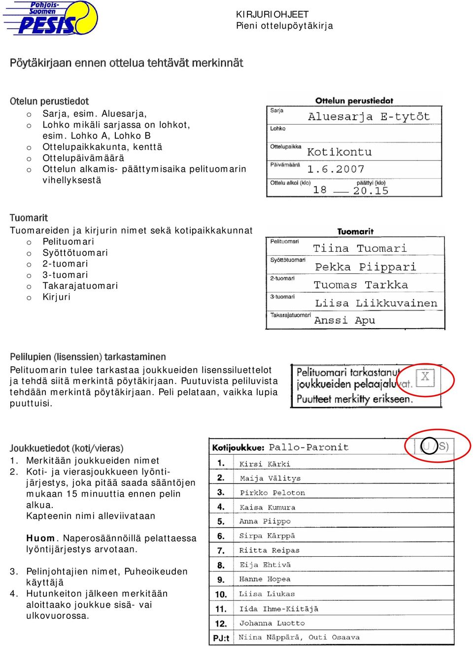 o Syöttötuomari o 2-tuomari o 3-tuomari o Takarajatuomari o Kirjuri Pelilupien (lisenssien) tarkastaminen Pelituomarin tulee tarkastaa joukkueiden lisenssiluettelot ja tehdä siitä merkintä