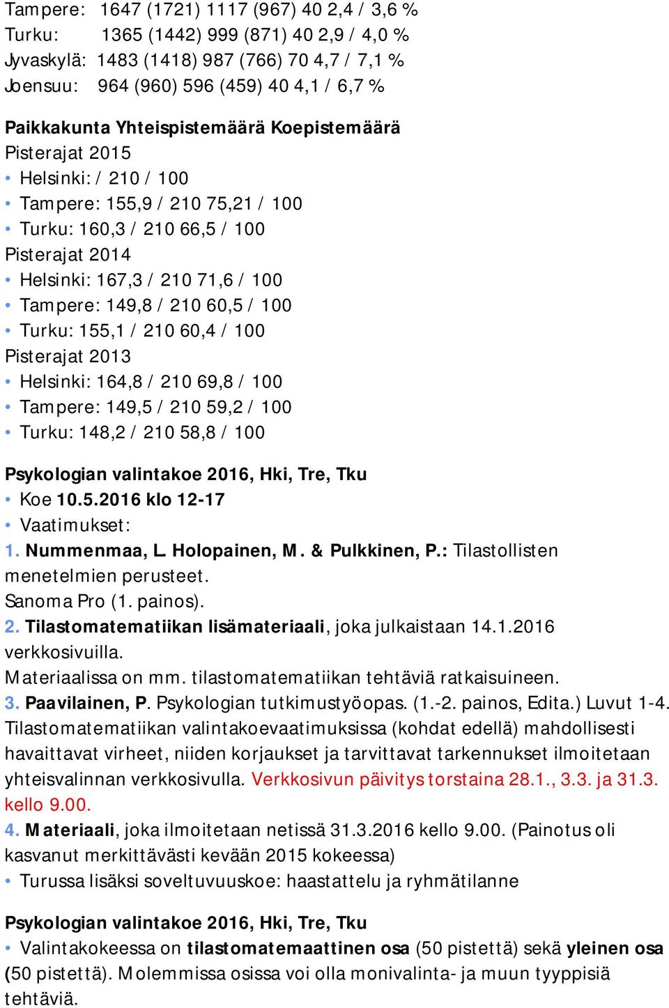 210 60,5 / 100 Turku: 155,1 / 210 60,4 / 100 Pisterajat 2013 Helsinki: 164,8 / 210 69,8 / 100 Tampere: 149,5 / 210 59,2 / 100 Turku: 148,2 / 210 58,8 / 100 Psykologian valintakoe 2016, Hki, Tre, Tku