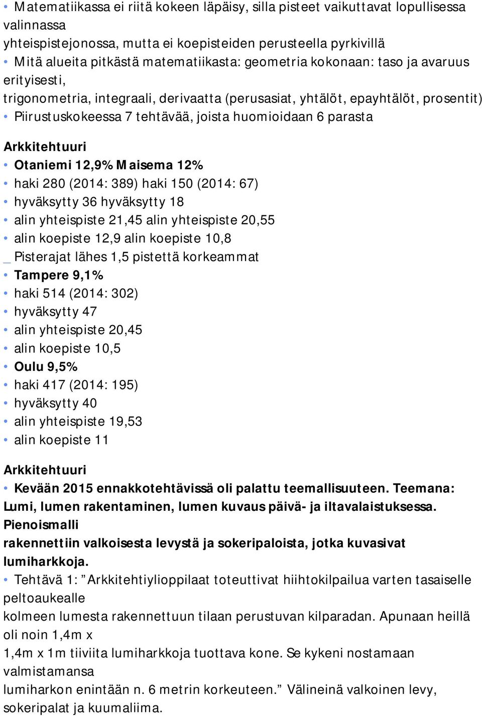 Arkkitehtuuri Otaniemi 12,9% Maisema 12% haki 280 (2014: 389) haki 150 (2014: 67) hyväksytty 36 hyväksytty 18 alin yhteispiste 21,45 alin yhteispiste 20,55 alin koepiste 12,9 alin koepiste 10,8 _