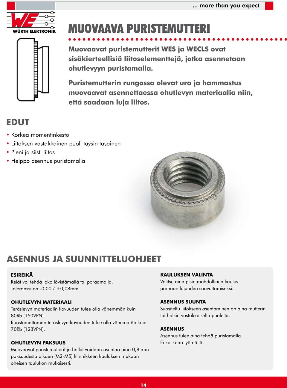 EDUT Korkea momentinkesto Liitoksen vastakkainen puoli täysin tasainen Pieni ja siisti liitos Helppo asennus puristamalla ASENNUS JA SUUNNITTELUOHJEET ESIREIKÄ Reiät voi tehdä joko lävistämällä tai