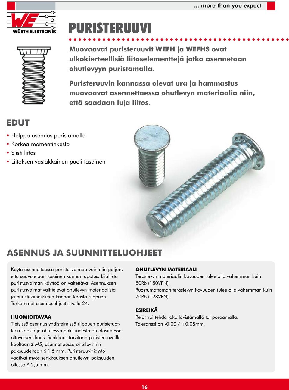 EDUT Helppo asennus puristamalla Korkea momentinkesto Siisti liitos Liitoksen vastakkainen puoli tasainen ASENNUS JA SUUNNITTELUOHJEET Käytä asennettaessa puristusvoimaa vain niin paljon, että