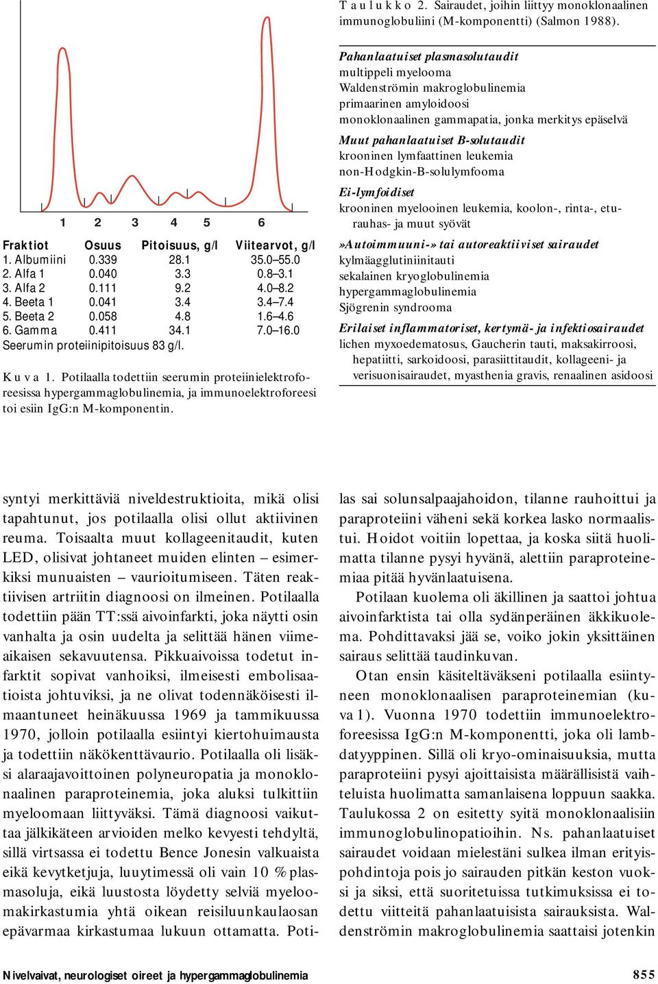 Potilaalla todettiin seerumin proteiinielektroforeesissa hypergammaglobulinemia, ja immunoelektroforeesi toi esiin IgG:n M-komponentin.