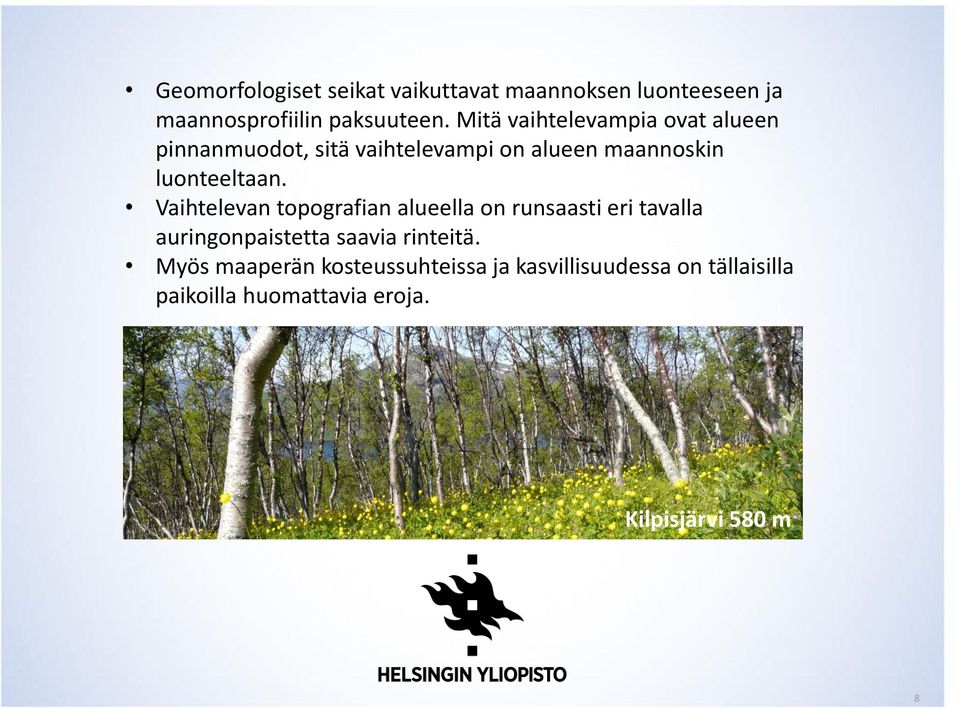 Vaihtelevan topografian alueella on runsaasti eri tavalla auringonpaistetta saavia rinteitä.