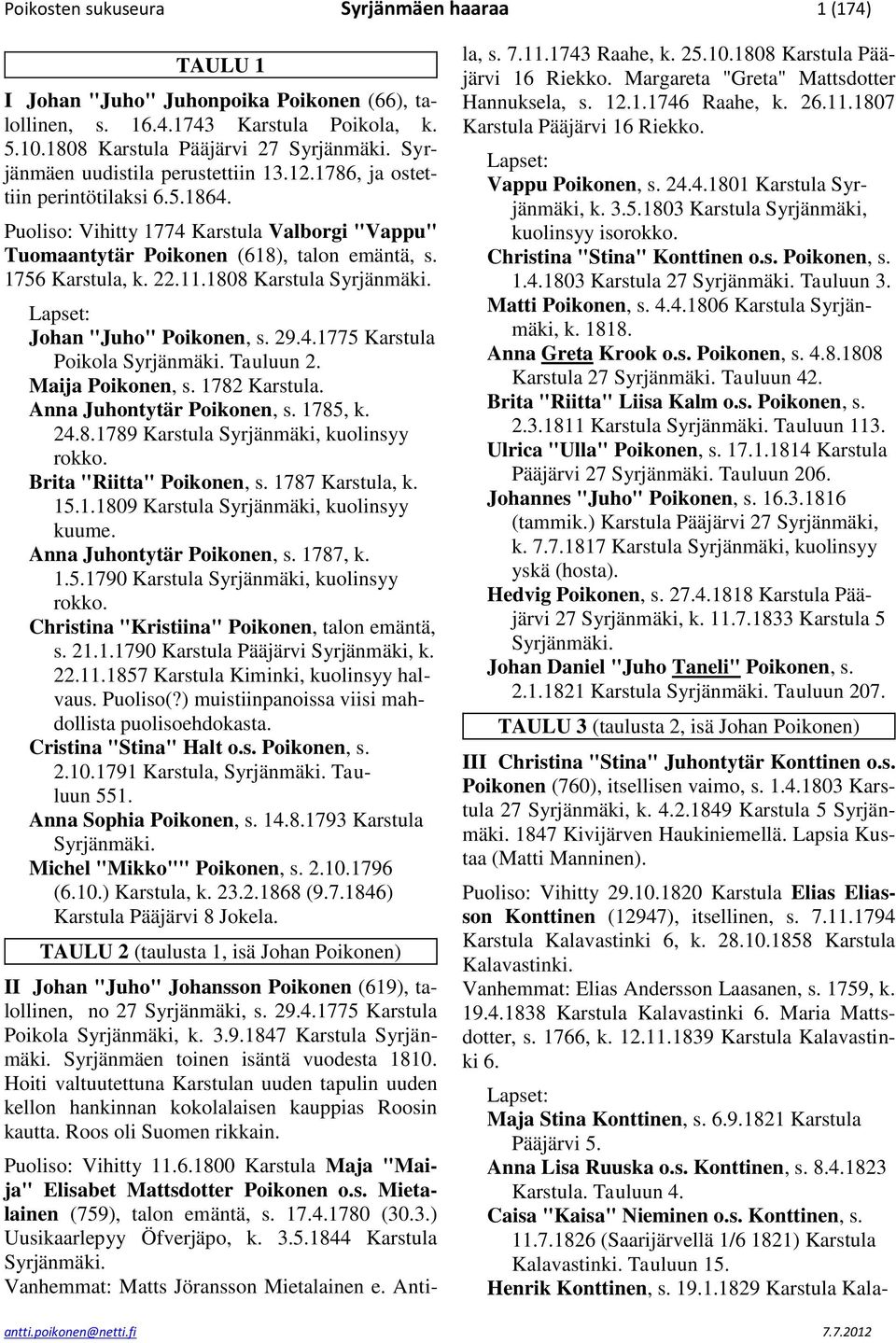 11.1808 Karstula Syrjänmäki. Johan "Juho" Poikonen, s. 29.4.1775 Karstula Poikola Syrjänmäki. Tauluun 2. Maija Poikonen, s. 1782 Anna Juhontytär Poikonen, s. 1785, k. 24.8.1789 Karstula Syrjänmäki, kuolinsyy rokko.