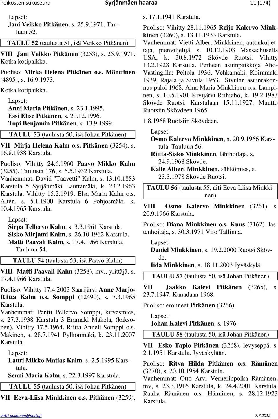 TAULU 53 (taulusta 50, isä Johan Pitkänen) VII Mirja Helena Kalm o.s. Pitkänen (3254), s. 16.8.1938 Puoliso: Vihitty 24.6.1960 Paavo Mikko Kalm (3255), Taulusta 176, s. 6.5.1932 Vanhemmat: David "Taavetti" Kalm, s.