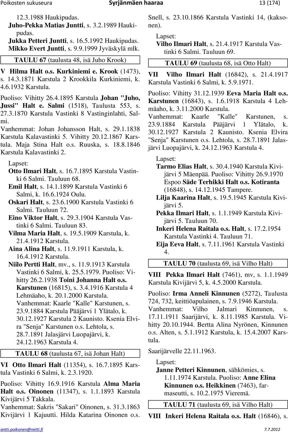 Salmi (1518), Taulusta 553, s. 27.3.1870 Karstula Vastinki 8 Vastinginlahti, Salmi. Vanhemmat: Johan Johansson Halt, s. 29.1.1838 Karstula Kalavastinki 5. Vihitty 20.12.1867 Maja Stina Halt o.s. Ruuska, s.