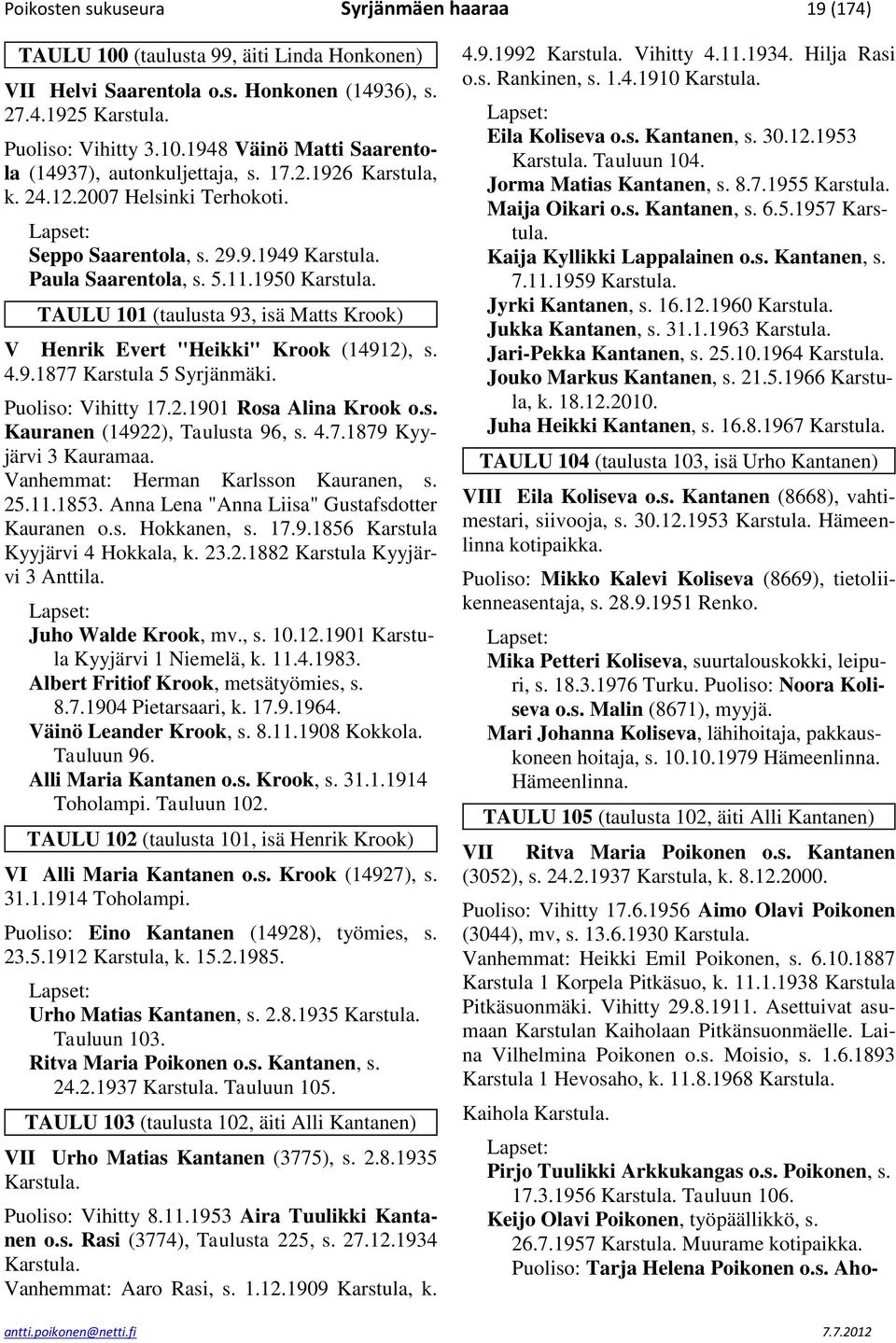 4.9.1877 Karstula 5 Syrjänmäki. Puoliso: Vihitty 17.2.1901 Rosa Alina Krook o.s. Kauranen (14922), Taulusta 96, s. 4.7.1879 Kyyjärvi 3 Kauramaa. Vanhemmat: Herman Karlsson Kauranen, s. 25.11.1853.