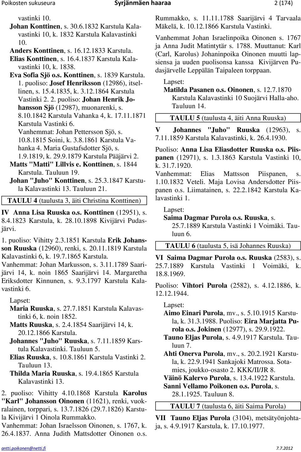 2. puoliso: Johan Henrik Johansson Sjö (12987), muonarenki, s. 8.10.1842 Karstula Vahanka 4, k. 17.11.1871 Karstula Vastinki 6. Vanhemmat: Johan Pettersson Sjö, s. 10.8.1815 Soini, k. 3.8.1861 Karstula Vahanka 4.