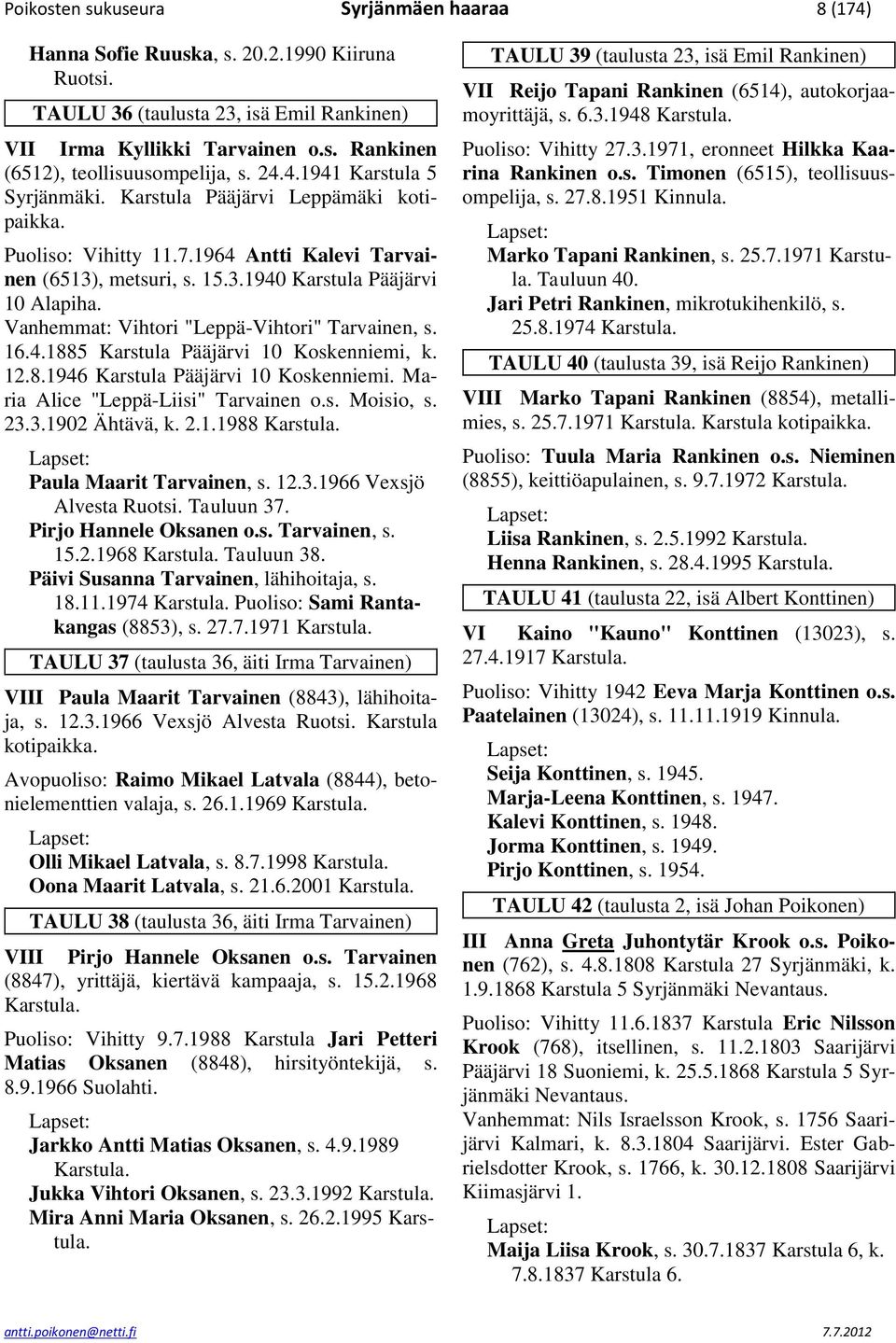 Vanhemmat: Vihtori "Leppä-Vihtori" Tarvainen, s. 16.4.1885 Karstula Pääjärvi 10 Koskenniemi, k. 12.8.1946 Karstula Pääjärvi 10 Koskenniemi. Maria Alice "Leppä-Liisi" Tarvainen o.s. Moisio, s. 23.