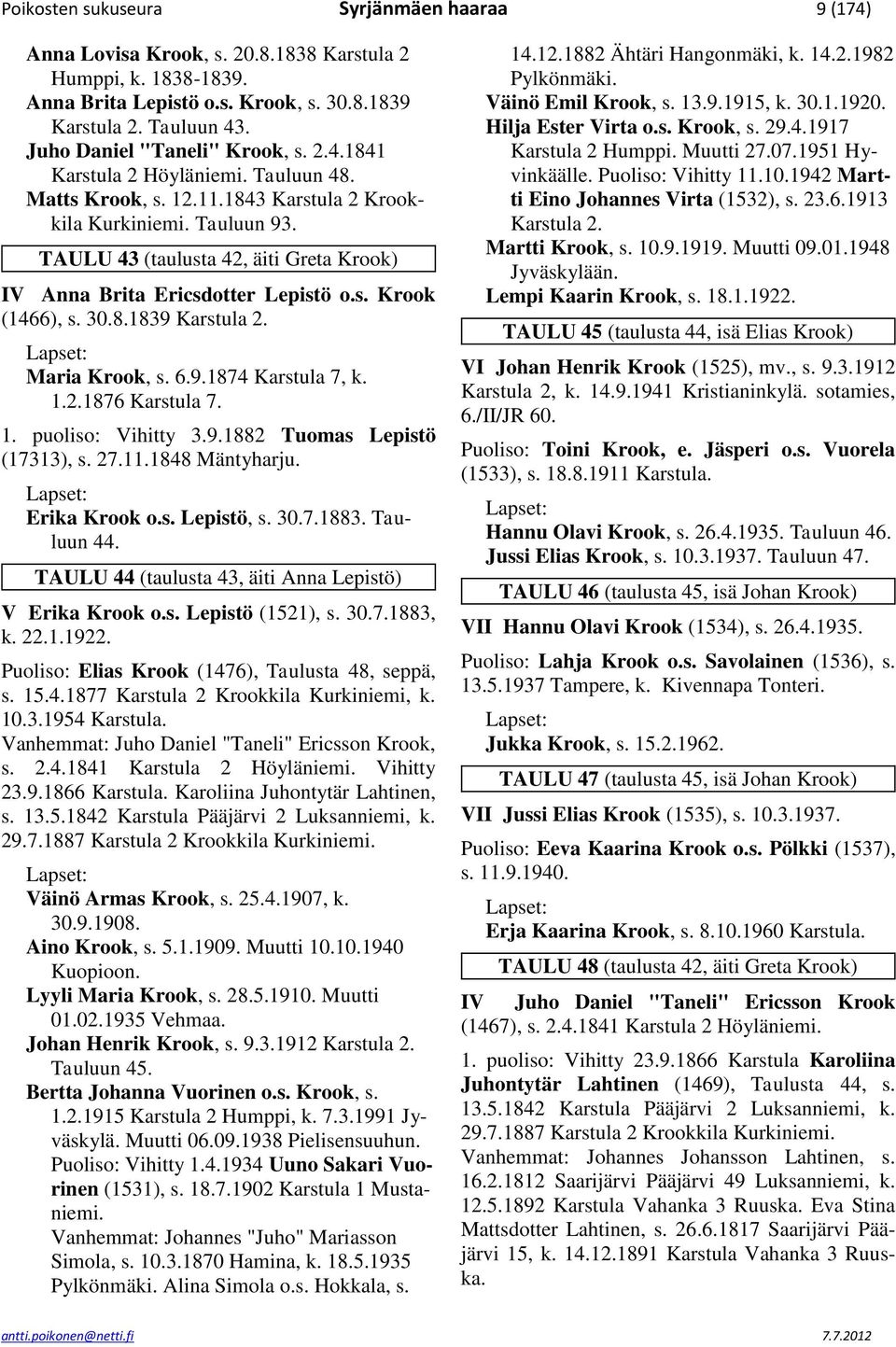 TAULU 43 (taulusta 42, äiti Greta Krook) IV Anna Brita Ericsdotter Lepistö o.s. Krook (1466), s. 30.8.1839 Karstula 2. Maria Krook, s. 6.9.1874 Karstula 7, k. 1.2.1876 Karstula 7. 1. puoliso: Vihitty 3.