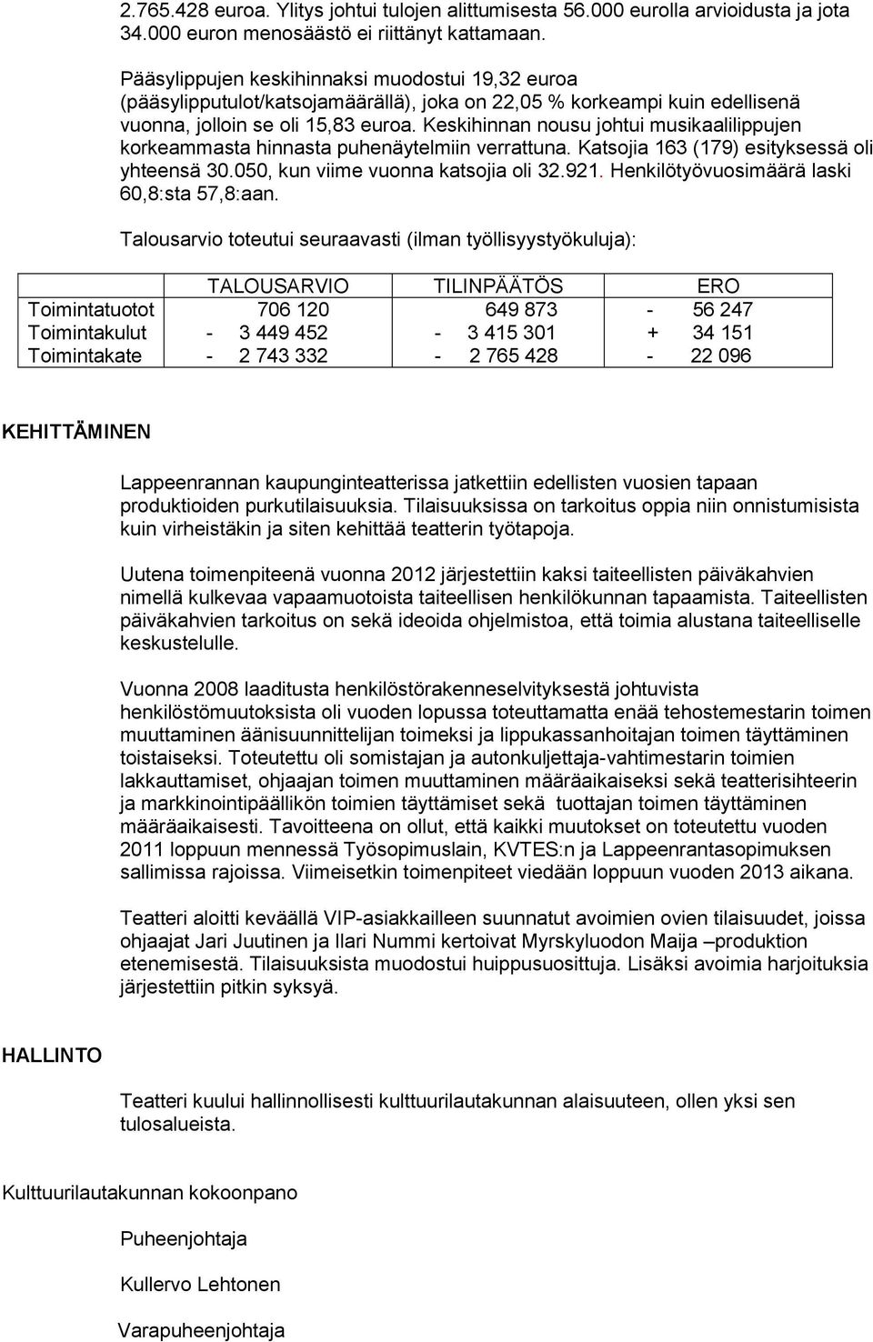 Keskihinnan nousu johtui musikaalilippujen korkeammasta hinnasta puhenäytelmiin verrattuna. Katsojia 163 (179) esityksessä oli yhteensä 30.050, kun viime vuonna katsojia oli 32.921.