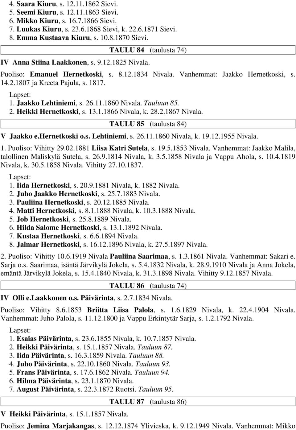 26.11.1860 Nivala. Tauluun 85. 2. Heikki Hernetkoski, s. 13.1.1866 Nivala, k. 28.2.1867 Nivala. TAULU 85 (taulusta 84) V Jaakko e.hernetkoski o.s. Lehtiniemi, s. 26.11.1860 Nivala, k. 19.12.