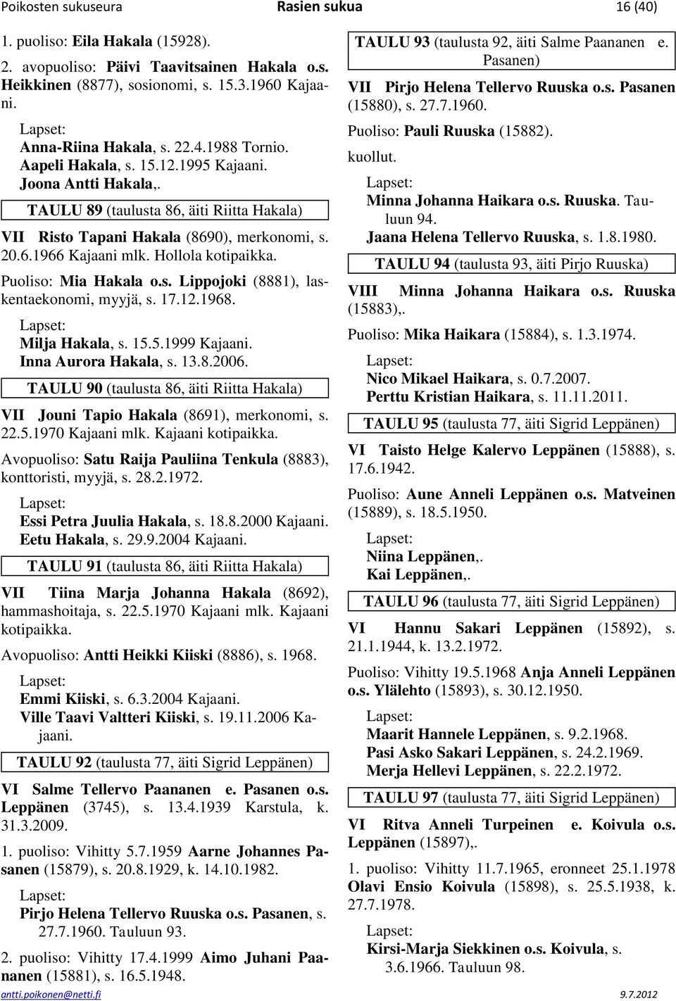 Puoliso: Mia Hakala o.s. Lippojoki (8881), laskentaekonomi, myyjä, s. 17.12.1968. Milja Hakala, s. 15.5.1999 Kajaani. Inna Aurora Hakala, s. 13.8.2006.