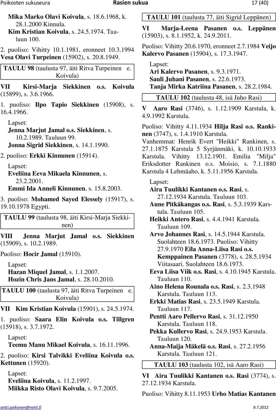 puoliso: Ilpo Tapio Siekkinen (15908), s. 16.4.1966. Jenna Marjut Jamal o.s. Siekkinen, s. 10.2.1989. Tauluun 99. Jonna Sigrid Siekkinen, s. 14.1.1990. 2. puoliso: Erkki Kinnunen (15914).