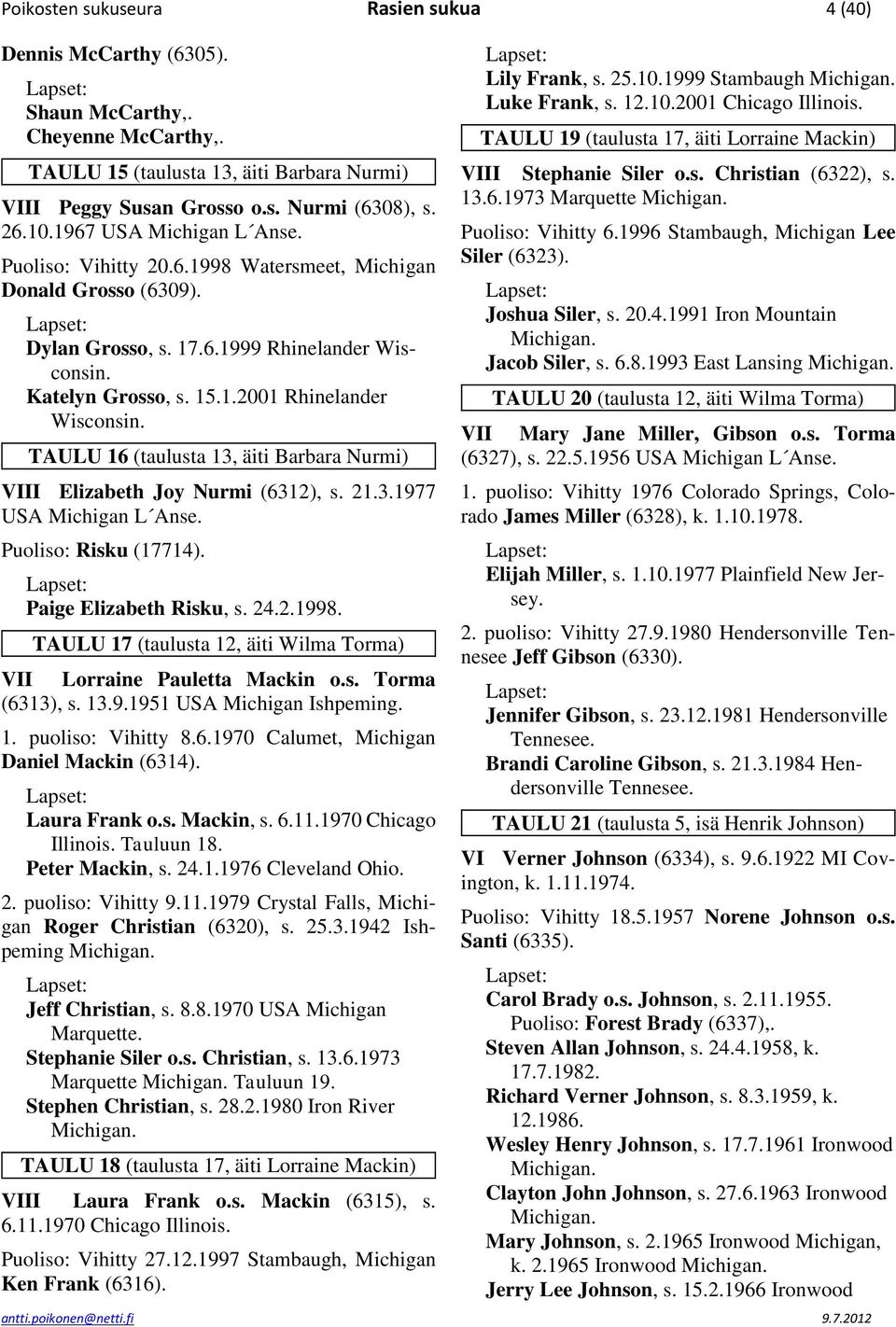 TAULU 16 (taulusta 13, äiti Barbara Nurmi) VIII Elizabeth Joy Nurmi (6312), s. 21.3.1977 USA Michigan L Anse. Puoliso: Risku (17714). Paige Elizabeth Risku, s. 24.2.1998.