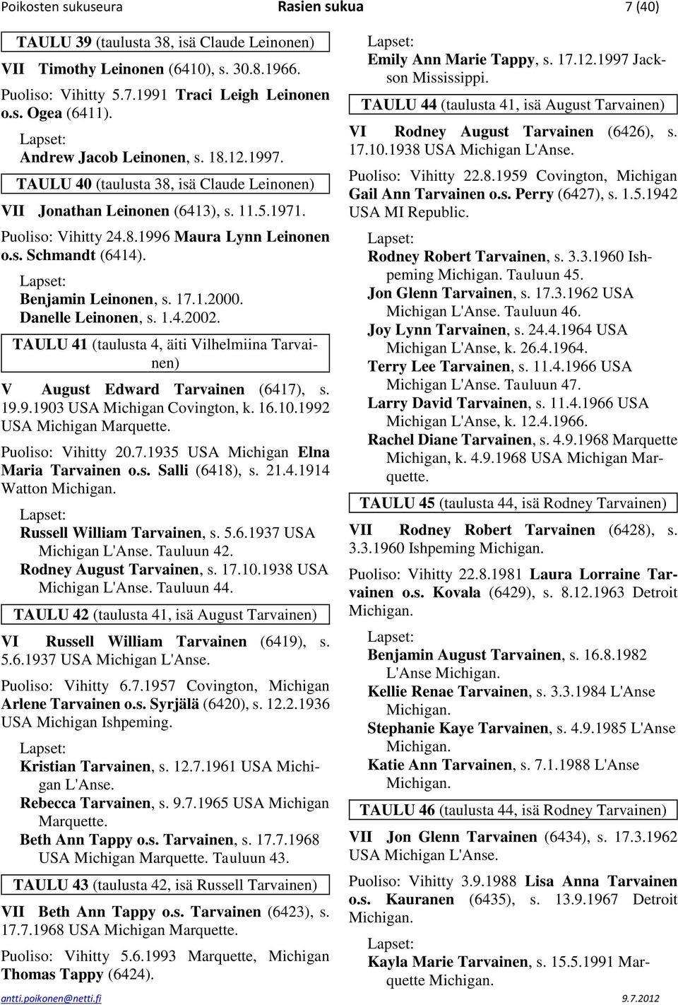 Benjamin Leinonen, s. 17.1.2000. Danelle Leinonen, s. 1.4.2002. TAULU 41 (taulusta 4, äiti Vilhelmiina Tarvainen) V August Edward Tarvainen (6417), s. 19.9.1903 USA Michigan Covington, k. 16.10.