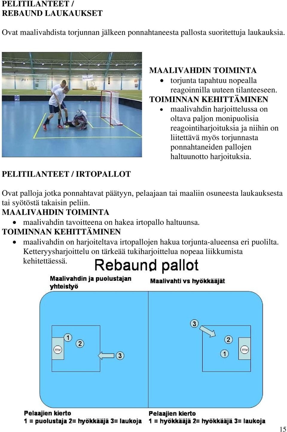 TOIMINNAN KEHITTÄMINEN maalivahdin harjoittelussa on oltava paljon monipuolisia reagointiharjoituksia ja niihin on liitettävä myös torjunnasta ponnahtaneiden pallojen haltuunotto harjoituksia.