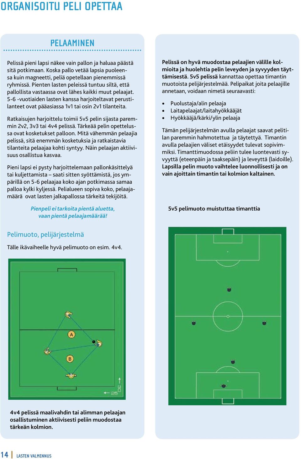 5-6 -vuotiaiden lasten kanssa harjoiteltavat perustilanteet ovat pääasiassa 1v1 tai osin 2v1 tilanteita. Ratkaisujen harjoittelu toimii 5v5 pelin sijasta paremmin 2v2, 3v3 tai 4v4 pelissä.