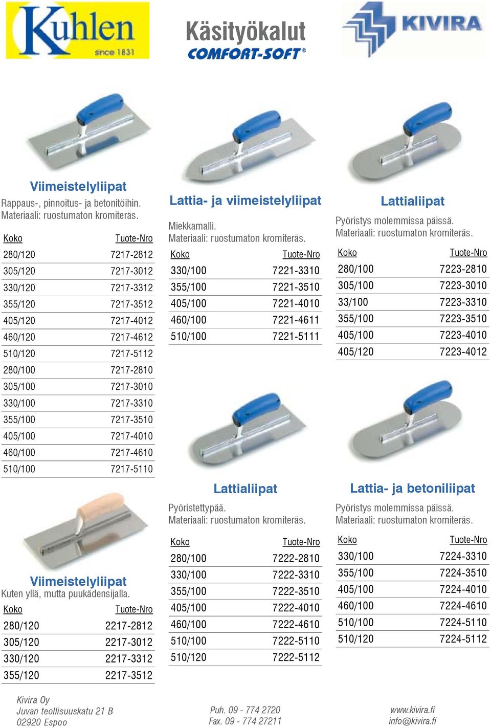 405/100 7217-4010 460/100 7217-4610 510/100 7217-5110 Viimeistelyliipat Kuten yllä, mutta puukädensijalla.