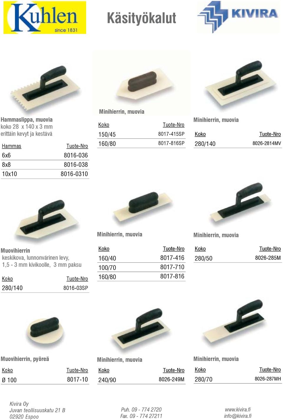 kivikoolle, 3 mm paksu 280/140 8016-03SP Minihierrin, muovia 160/40 6,23 8017-416 100/70 6,23 8017-710 160/80 6,60 8017-816 Minihierrin,