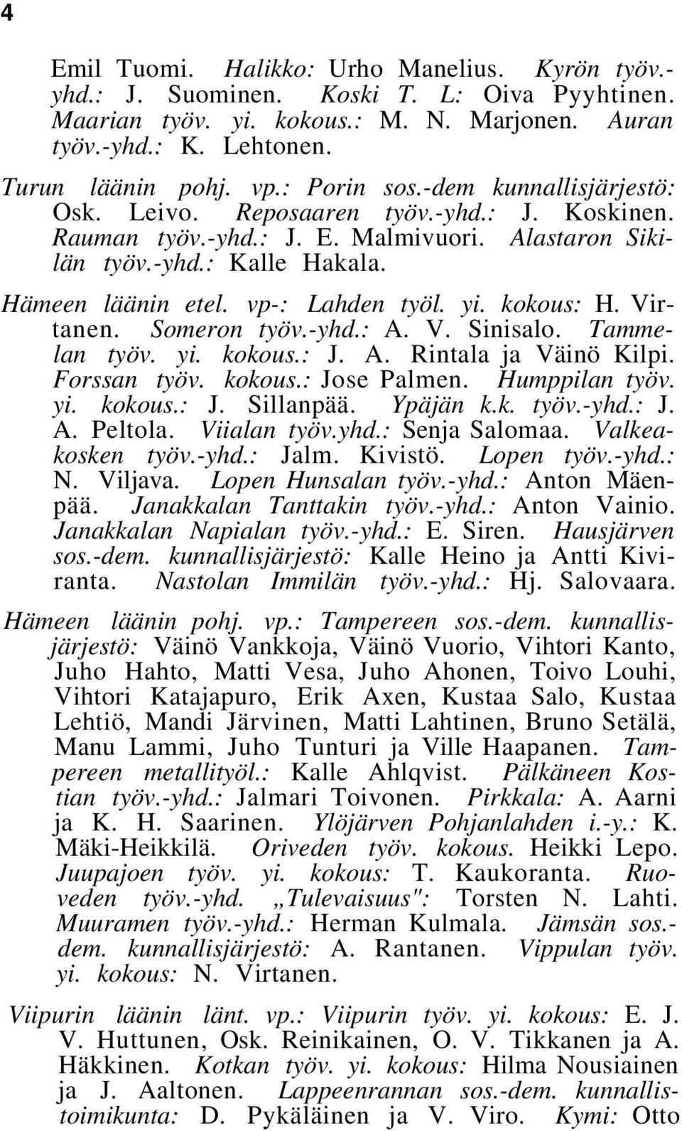 vp-: Lahden työl. yi. kokous: H. Virtanen. Someron työv.-yhd.: A. V. Sinisalo. Tammelan työv. yi. kokous.: J. A. Rintala ja Väinö Kilpi. Forssan työv. kokous.: Jose Palmen. Humppilan työv. yi. kokous.: J. Sillanpää.