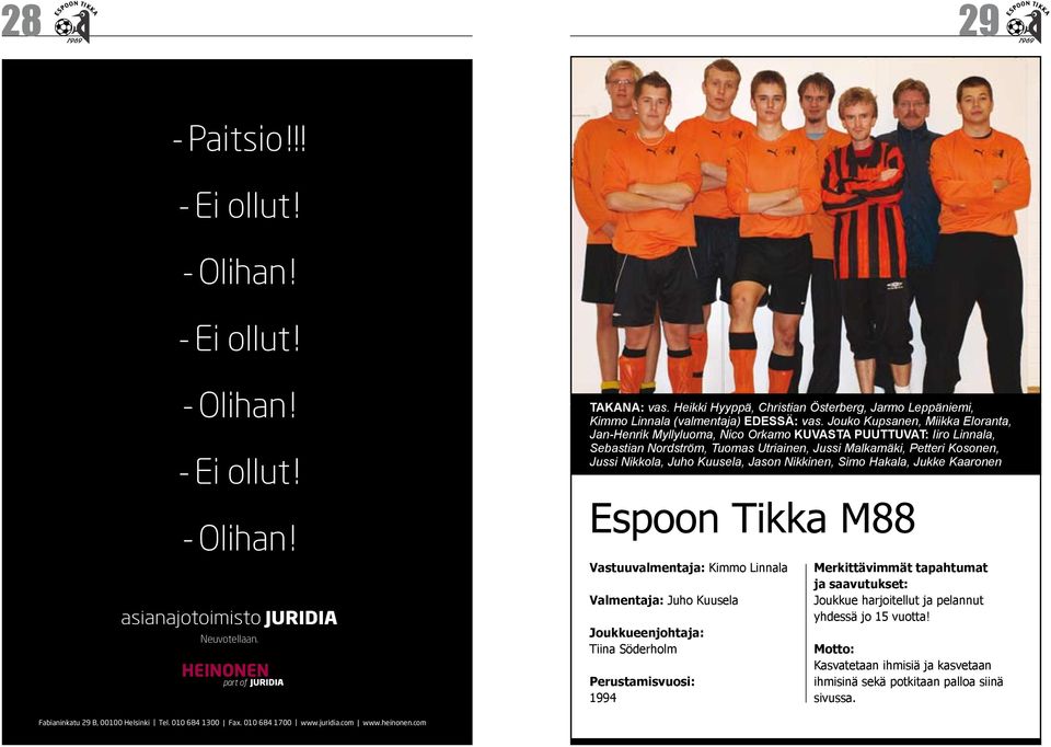 Jouko Kupsanen, Miikka Eloranta, Jan-Henrik Myllyluoma, Nico Orkamo KUVASTA PUUTTUVAT: Iiro Linnala, Sebastian Nordström, Tuomas Utriainen, Jussi Malkamäki, Petteri Kosonen, Jussi Nikkola, Juho