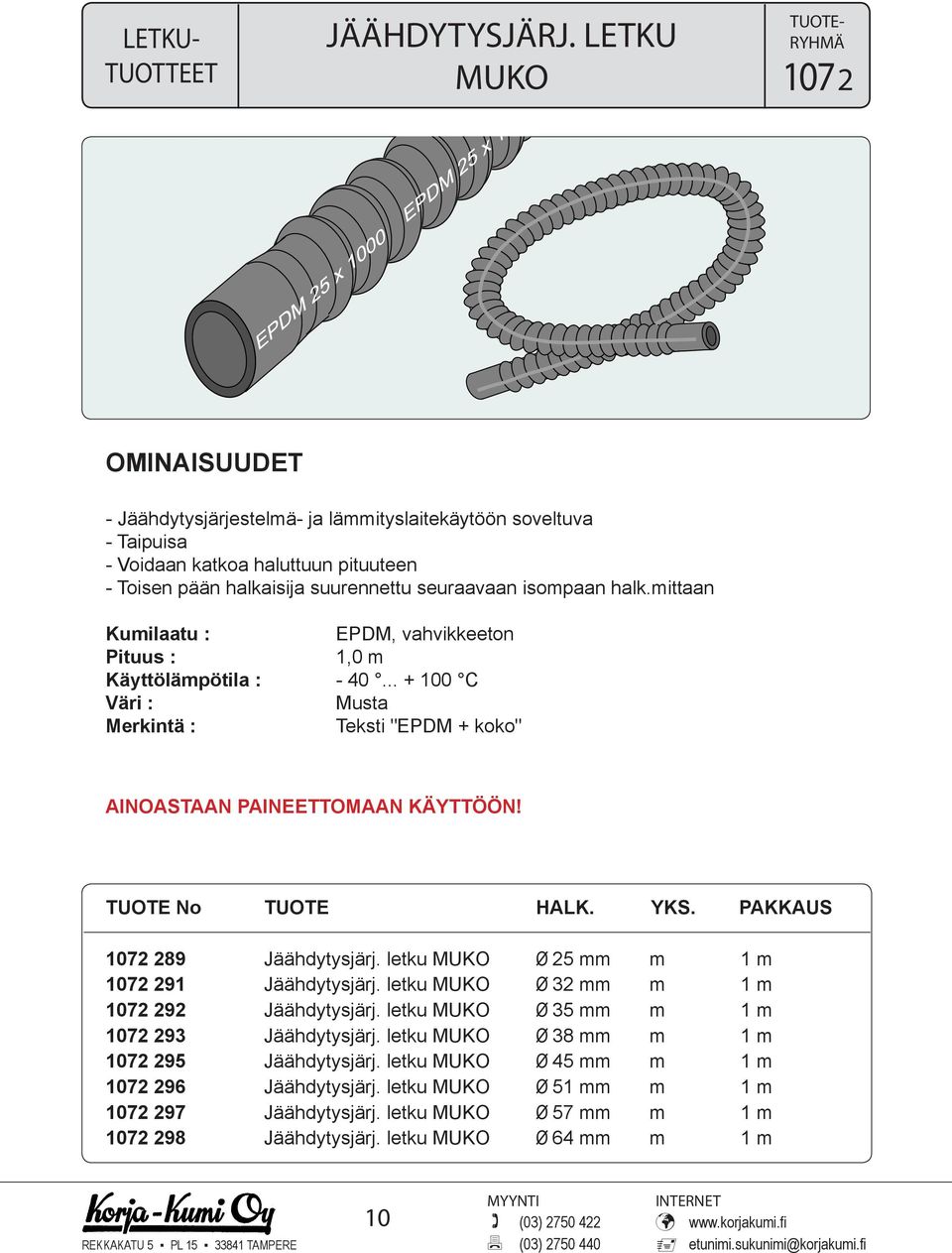 mittaan Kumilaatu : EPDM, vahvikkeeton Pituus : 1,0 m Käyttölämpötila : - 40... + 100 C Väri : Musta Merkintä : Teksti "EPDM + koko" AINOASTAAN PAINEETTOMAAN KÄYTTÖÖN! TUOTE No TUOTE HALK. YKS.