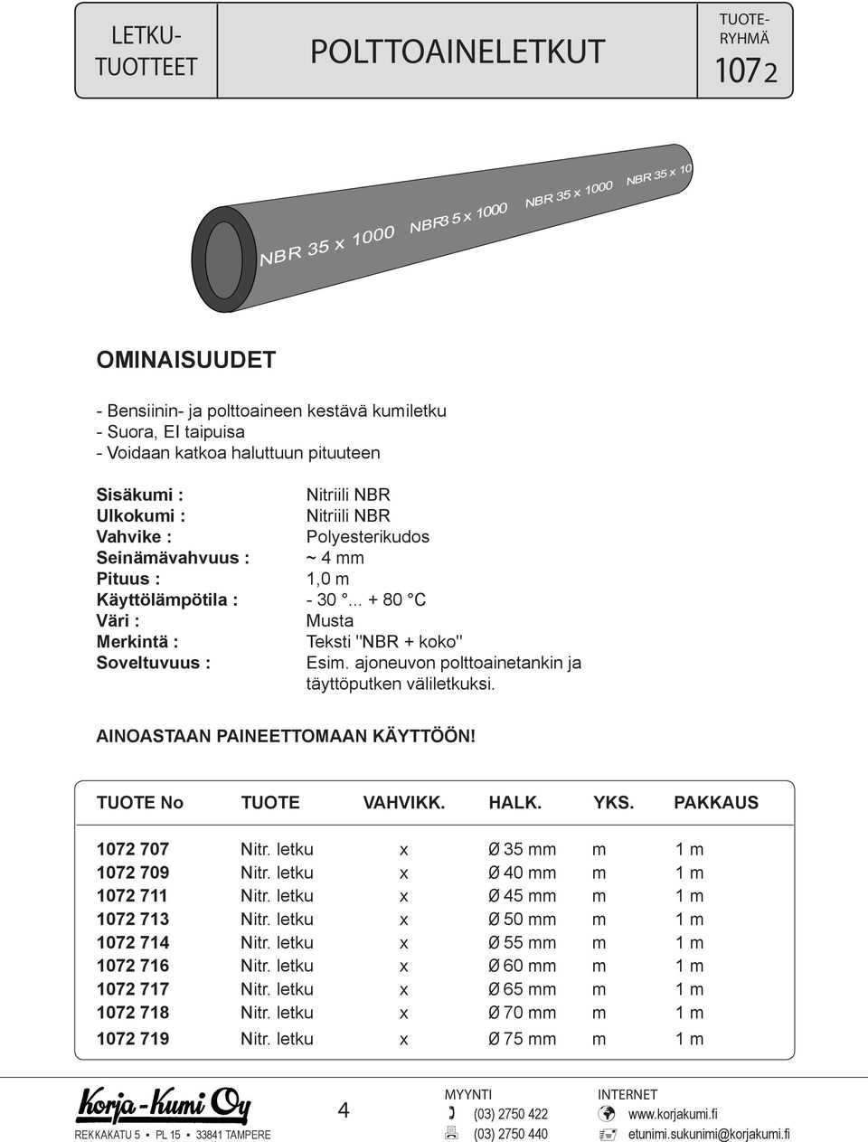 ajoneuvon polttoainetankin ja täyttöputken väliletkuksi. AINOASTAAN PAINEETTOMAAN KÄYTTÖÖN! TUOTE No TUOTE VAHVIKK. HALK. YKS. PAKKAUS 1072 707 Nitr. letku x Ø 35 mm m 1 m 1072 709 Nitr.