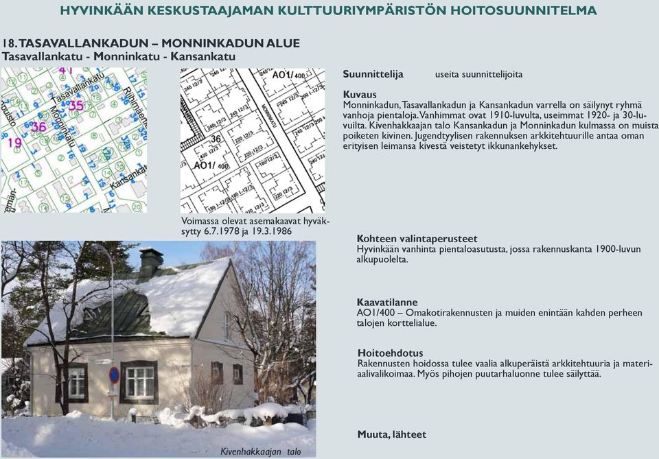 Jugendtyylisen rakennuksen arkkitehtuurille antaa oman erityisen leimansa kivestä veistetyt ikkunankehykset. Voimassa olevat asemakaavat hyväksytty 6.7.1978 ja 19.3.