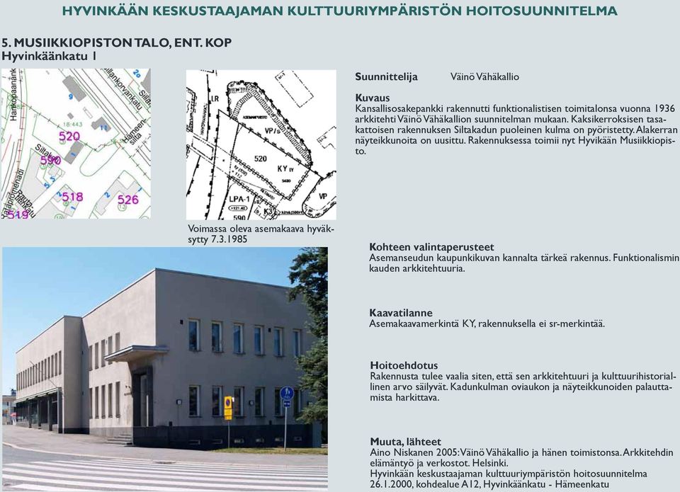 Kaksikerroksisen tasakattoisen rakennuksen Siltakadun puoleinen kulma on pyöristetty. Alakerran näyteikkunoita on uusittu. Rakennuksessa toimii nyt Hyvikään Musiikkiopisto. 7.3.