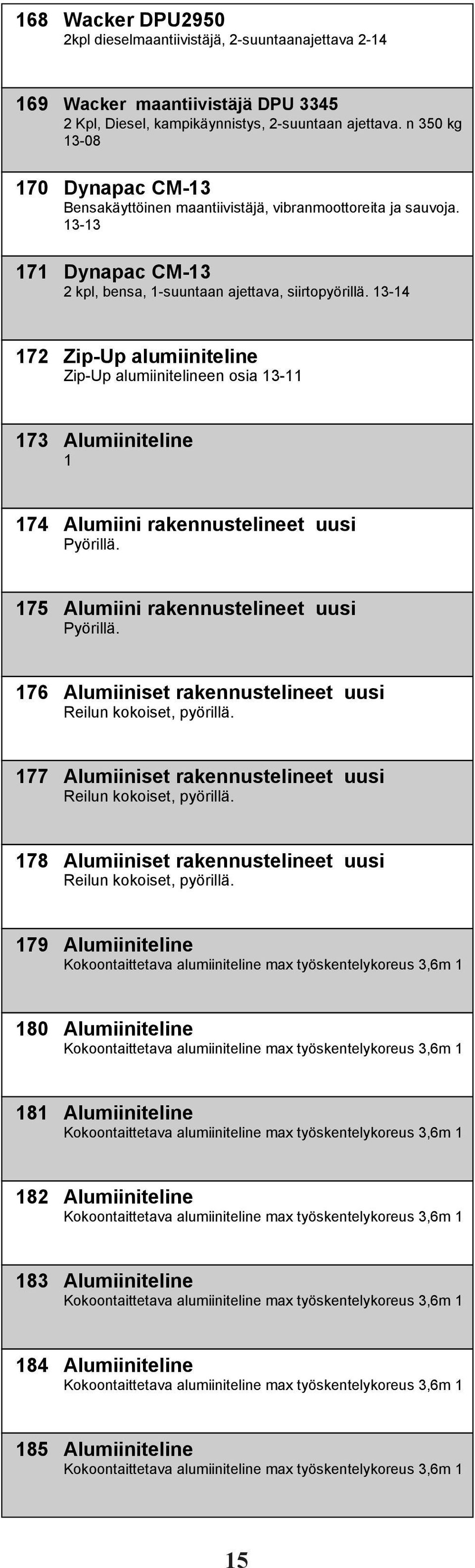 13-14 172 Zip-Up alumiiniteline Zip-Up alumiinitelineen osia 13-11 173 Alumiiniteline 1 174 Alumiini rakennustelineet uusi Pyörillä. 175 Alumiini rakennustelineet uusi Pyörillä.