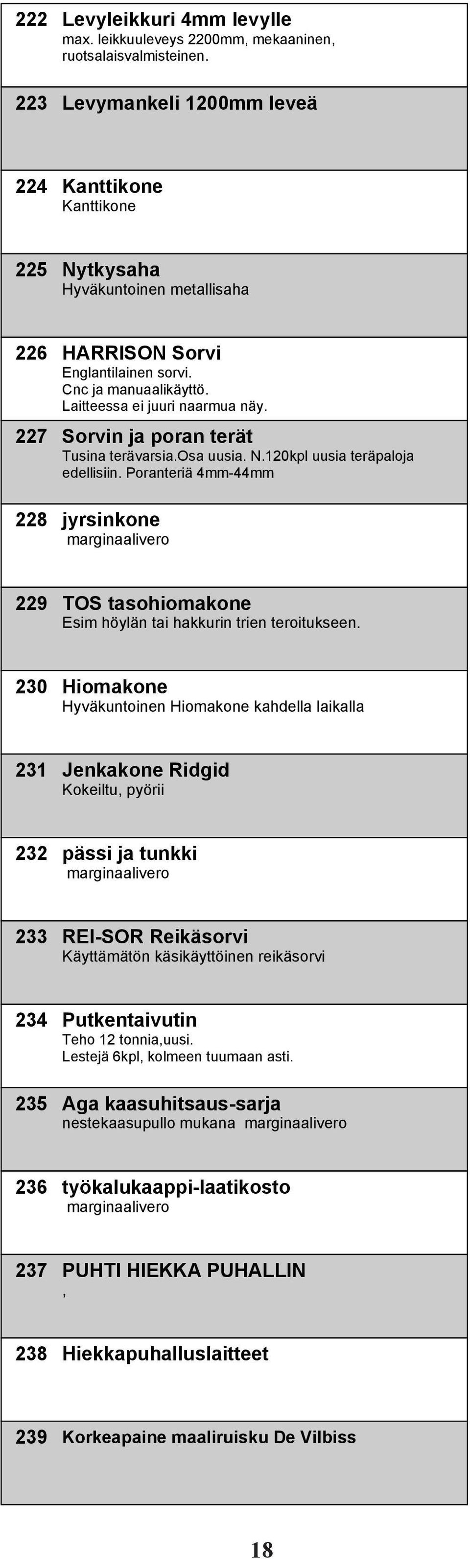 227 Sorvin ja poran terät Tusina terävarsia.osa uusia. N.120kpl uusia teräpaloja edellisiin. Poranteriä 4mm-44mm 228 jyrsinkone 229 TOS tasohiomakone Esim höylän tai hakkurin trien teroitukseen.