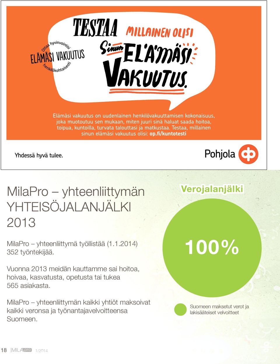 fi/kuntotesti MilaPro yhteenliittymän yhteisöjalanjälki 2013 MilaPro yhteenliittymä työllistää (1.1.2014) 352 työntekijää.