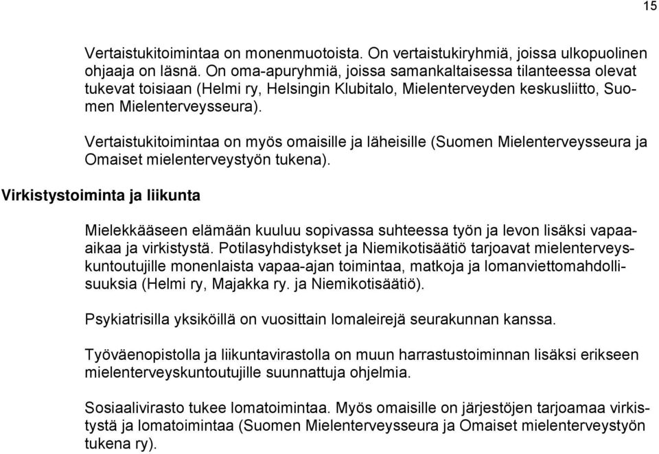 Vertaistukitoimintaa on myös omaisille ja läheisille (Suomen Mielenterveysseura ja Omaiset mielenterveystyön tukena).