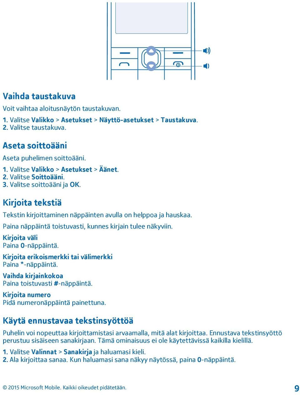 Kirjoita väli Paina 0-näppäintä. Kirjoita erikoismerkki tai välimerkki Paina *-näppäintä. Vaihda kirjainkokoa Paina toistuvasti #-näppäintä. Kirjoita numero Pidä numeronäppäintä painettuna.