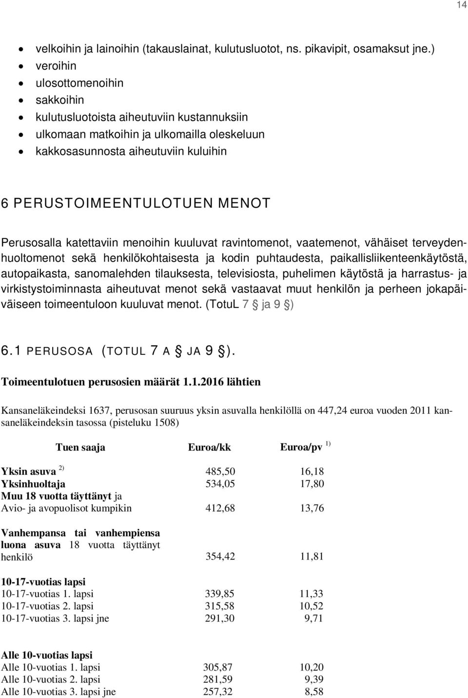 Perusosalla katettaviin menoihin kuuluvat ravintomenot, vaatemenot, vähäiset terveydenhuoltomenot sekä henkilökohtaisesta ja kodin puhtaudesta, paikallisliikenteenkäytöstä, autopaikasta, sanomalehden