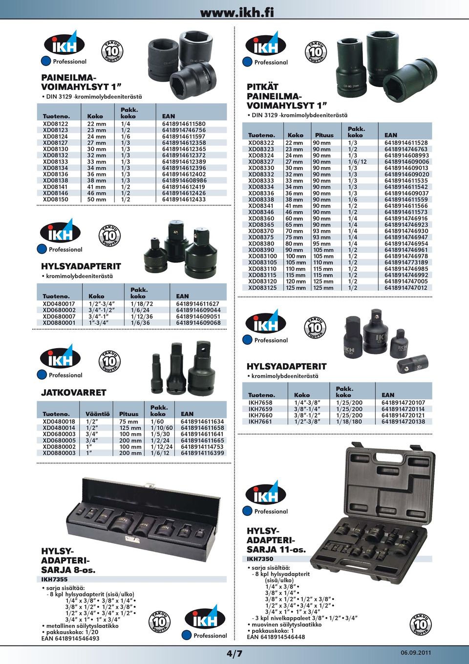 1/2 6418914612419 XD08146 46 mm 1/2 6418914612426 XD08150 50 mm 1/2 6418914612433 HYLSYADAPTERIT kromimolybdeeniterästä koko XD0480017-3/4 1/18/72 6418914611627 XD0680002 3/4-1/6/24 6418914609044