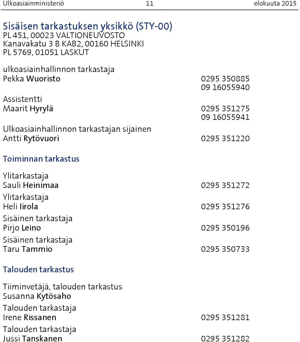 351220 Toiminnan tarkastus Ylitarkastaja Sauli Heinimaa 0295 351272 Ylitarkastaja Heli Iirola 0295 351276 Sisäinen tarkastaja Pirjo Leino 0295 350196 Sisäinen tarkastaja